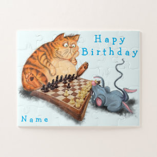 Cat and Mouse Playing Chess - Add Name - Birthday Jigsaw Puzzle