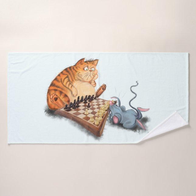 Cat and Mouse Playing Chess Cartoon Drawing Fun Bath Towel (Bath Towel)