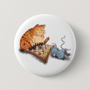 Cat and Mouse Playing Chess Cartoon Drawing Funny 2 Inch Round Button