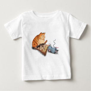 Cat and Mouse Playing Chess Cartoon Drawing Funny  Baby T-Shirt