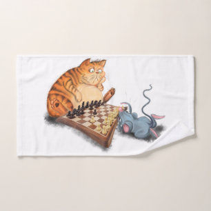 Cat and Mouse Playing Chess Cartoon Drawing Funny Bath Towel Set