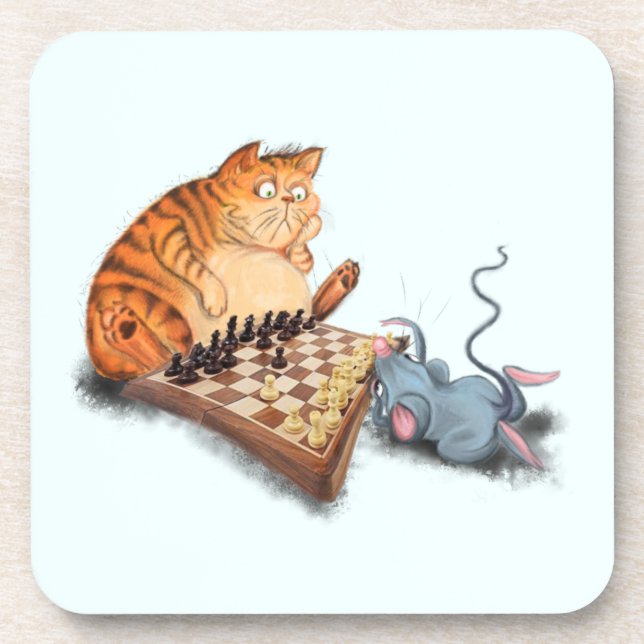 Cat and Mouse Playing Chess Cartoon Drawing Funny  Coaster (Front)