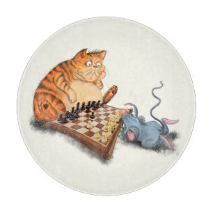 Cat and Mouse Playing Chess Cartoon Drawing Funny Cutting Board