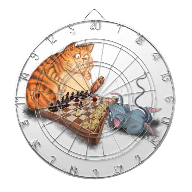 Cat and Mouse Playing Chess Cartoon Drawing Funny  Dartboard (Front)