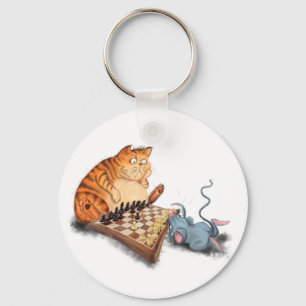 Cat and Mouse Playing Chess Cartoon Drawing Funny  Keychain