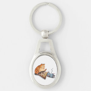 Cat and Mouse Playing Chess Cartoon Drawing Funny Keychain