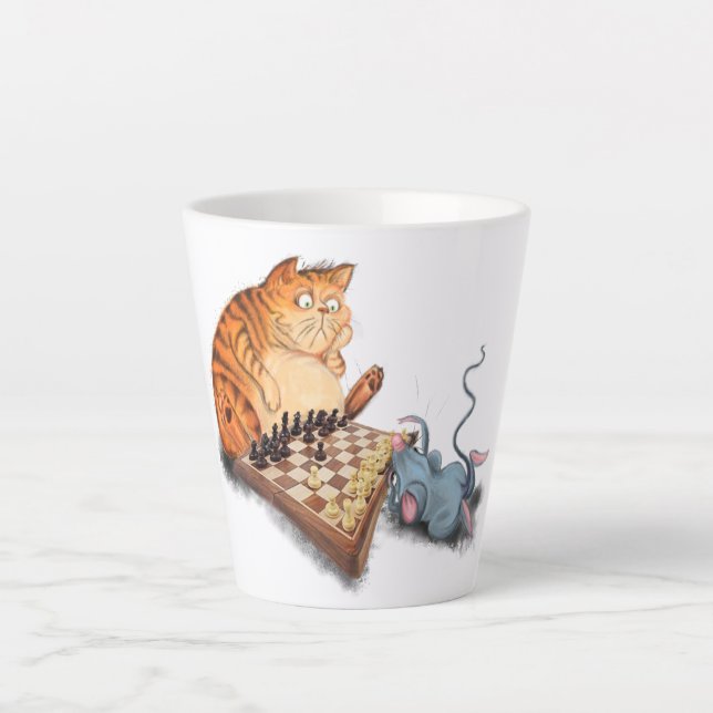 Cat and Mouse Playing Chess Cartoon Drawing Funny  Latte Mug (Front)
