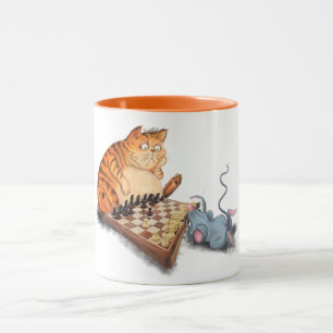 Cat and Mouse Playing Chess Cartoon Drawing Funny Mug