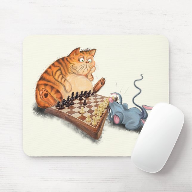 Cat and Mouse Playing Chess Cartoon Drawing Funny  Pad (With Mouse)