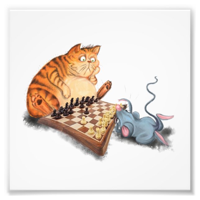 Cat and Mouse Playing Chess Cartoon Drawing Funny  Photo Print (Front)