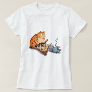 Cat and Mouse Playing Chess Cartoon Drawing Funny  T-Shirt