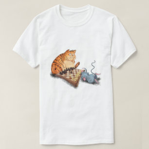 Cat and Mouse Playing Chess Cartoon Drawing Funny  T-Shirt