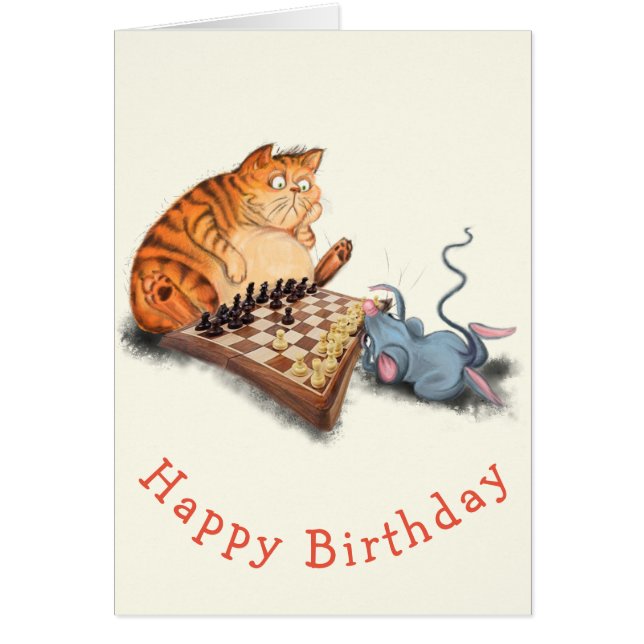 Cat and Mouse Playing Chess Cartoon Fun - Birthday (Front)