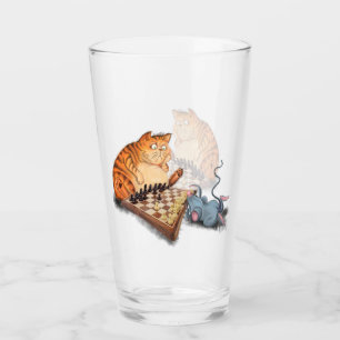 Cat and Mouse Playing Chess Funny Glass