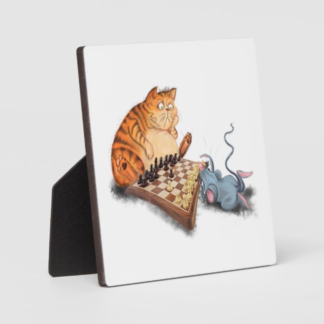 Cat and Mouse Playing Chess Funny Plaque (Front)
