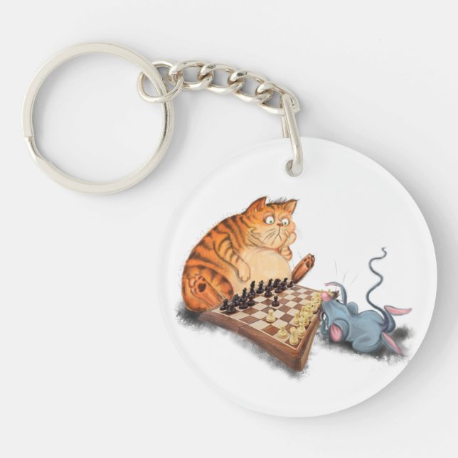 Cat and Mouse Playing Chess Keychain (Front)