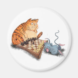 Cat and Mouse Playing Chess Magnet Fun
