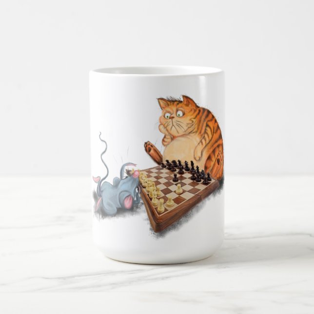 Cat and Mouse Playing Chess - Painting - Funny Coffee Mug (Center)