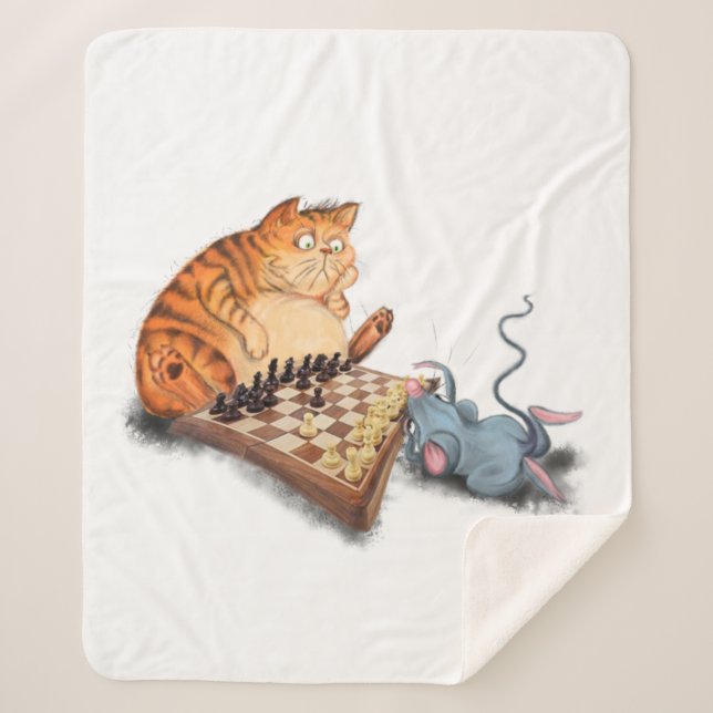 Cat and Mouse Playing Chess Sherpa Blanket (Front)
