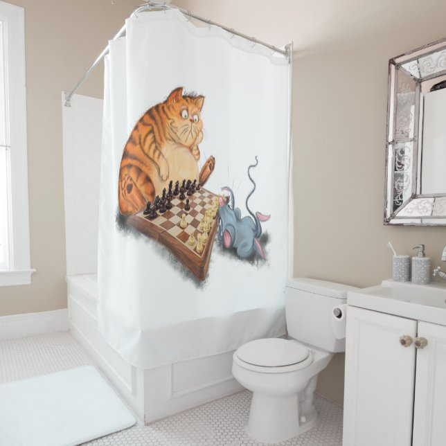 Cat and Mouse Playing Chess Shower Curtain Funny (In Situ)