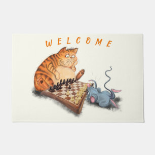 Cat and Mouse Playing Chess Welcome Doormat
