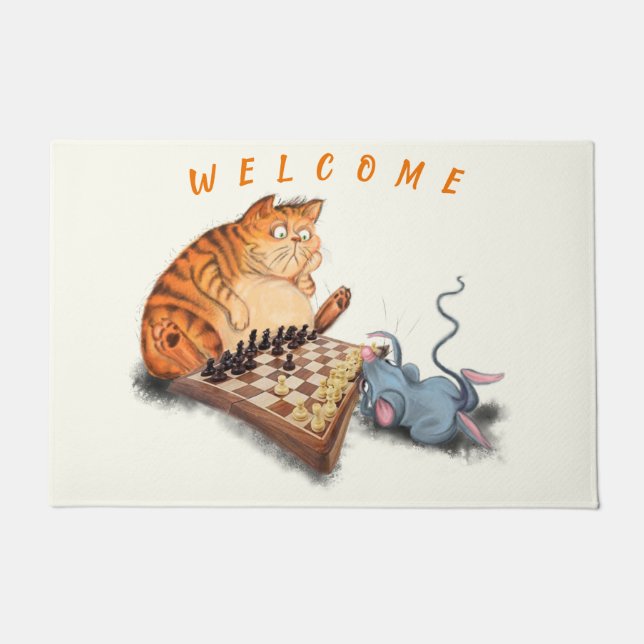 Cat and Mouse Playing Chess Welcome Doormat (Front)