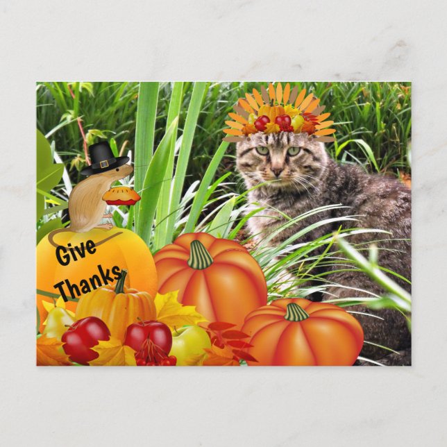 Cat and Mouse Thanksgiving / Give Thanks Collage Postcard (Front)