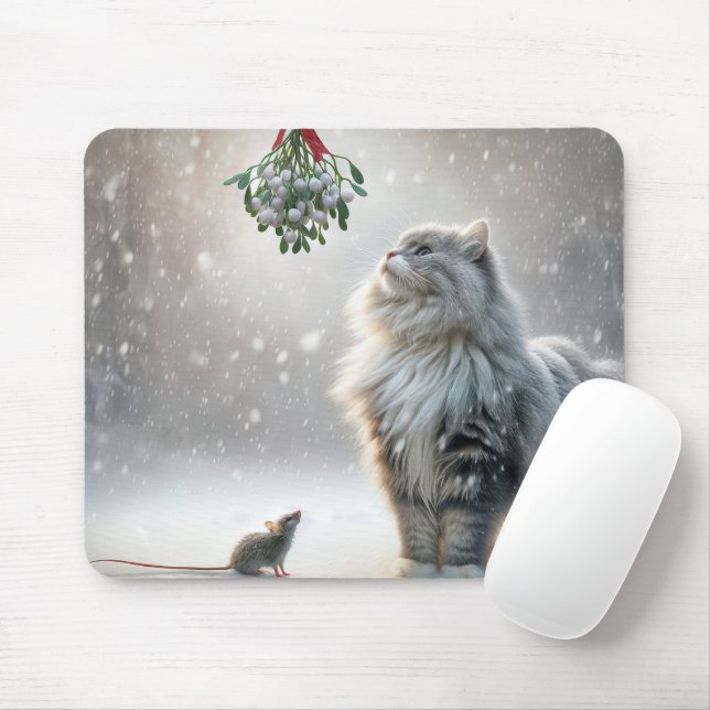 Cat and Mouse Under Mistletoe Mouse Pad (With Mouse)