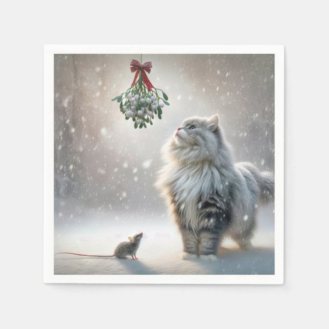 Cat and Mouse Under Mistletoe Napkin (Front)