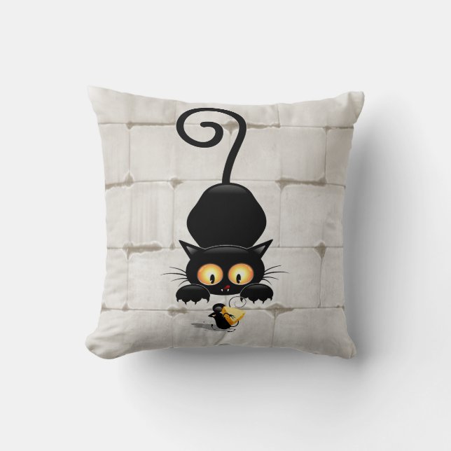 Cat and Mouse with Cheese Fun Cartoon Characters Throw Pillow (Front)