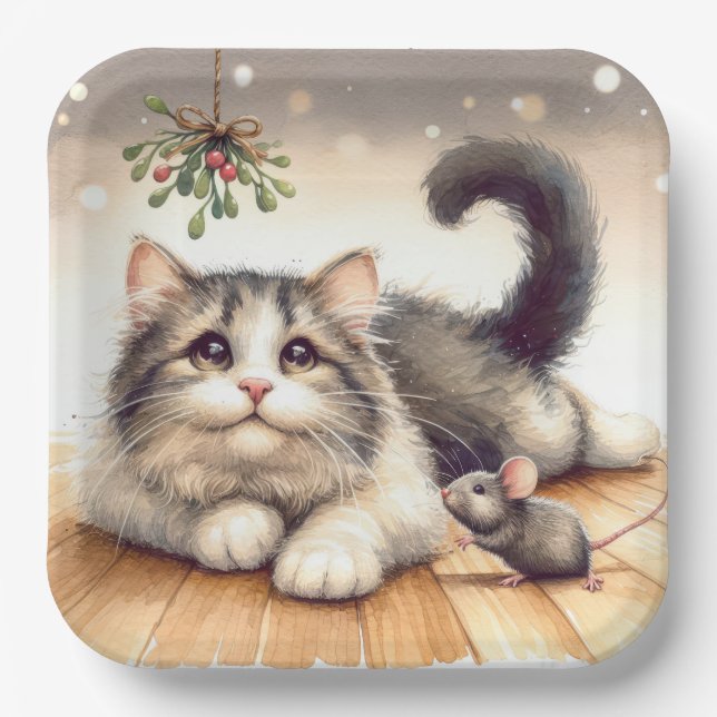 Cat and Mouse With Mistletoe Paper Plate (Front)