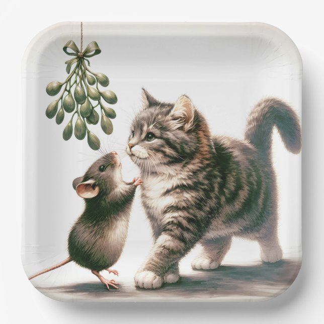 Cat and Mouse With Mistletoe Paper Plate (Front)