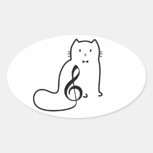 CAT AND MUSIC NOTE OVAL STICKER