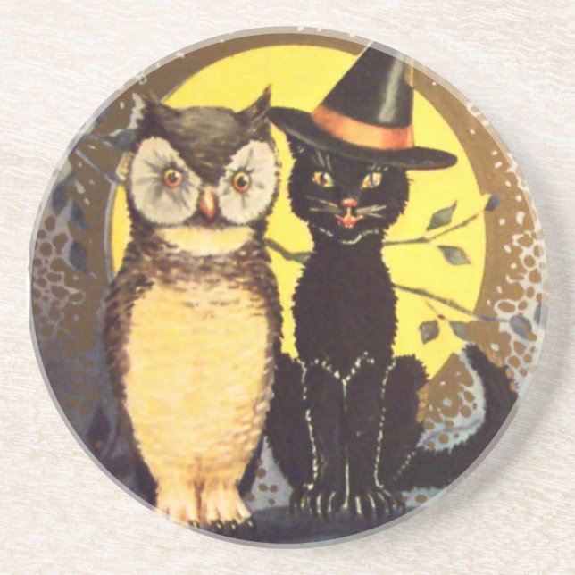 Cat and Owl Vintage Halloween Coaster (Front)