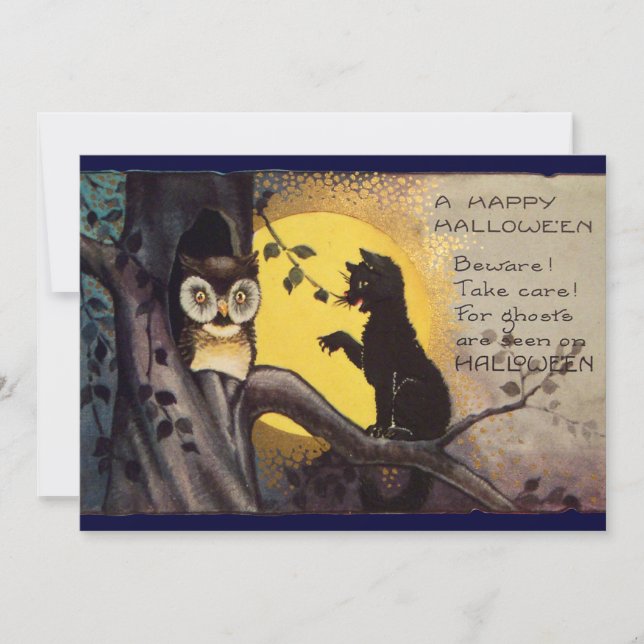 Cat and Owl Vintage Halloween Party Invitation (Front)