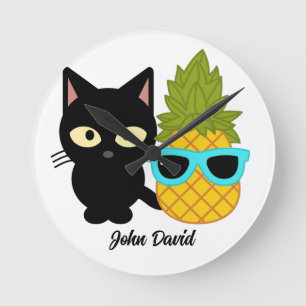 cat and pineapple are best friends, personalize round clock