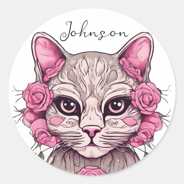 Cat and Pink Roses Sticker Envelope Seal Floral (Front)