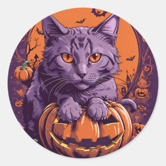cat and pumpkin classic round sticker