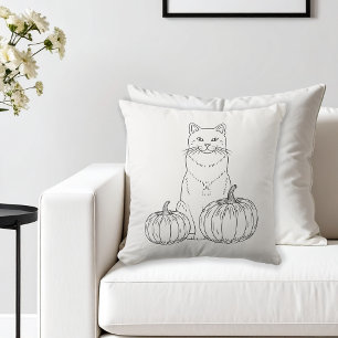 Cat And Pumpkins Minimalist Line Art Autumn Throw Pillow
