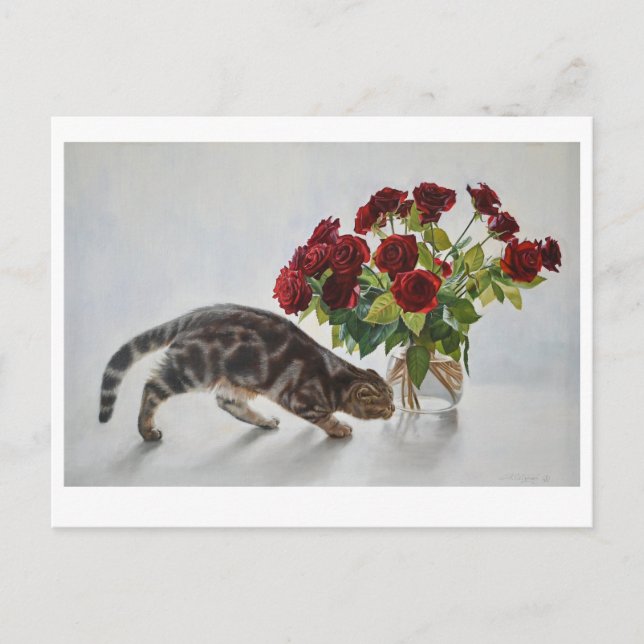 Cat and Red Roses – Realistic Oil Painting Print Postcard (Front)
