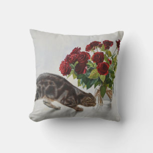 Cat and Red Roses – Realistic Oil Painting Print Throw Pillow
