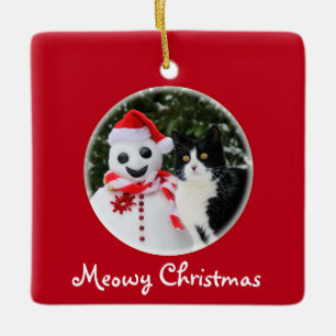 Cat and Santa Snowman Christmas Funny Meowy - Ceramic Ornament