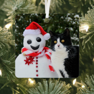 Cat and Santa Snowman Christmas Funny Photo -  Metal Ornament