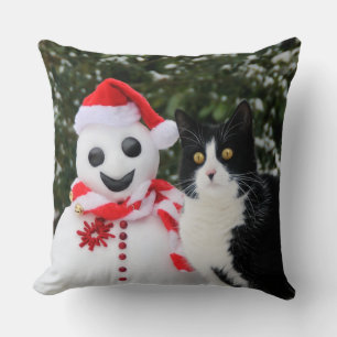Cat and Santa Snowman Christmas Funny Photo Throw Pillow