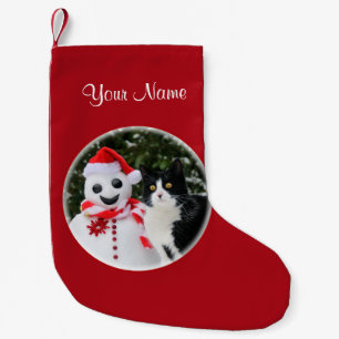 Cat and Santa Snowman Christmas Personalize mantle Small Christmas Stocking