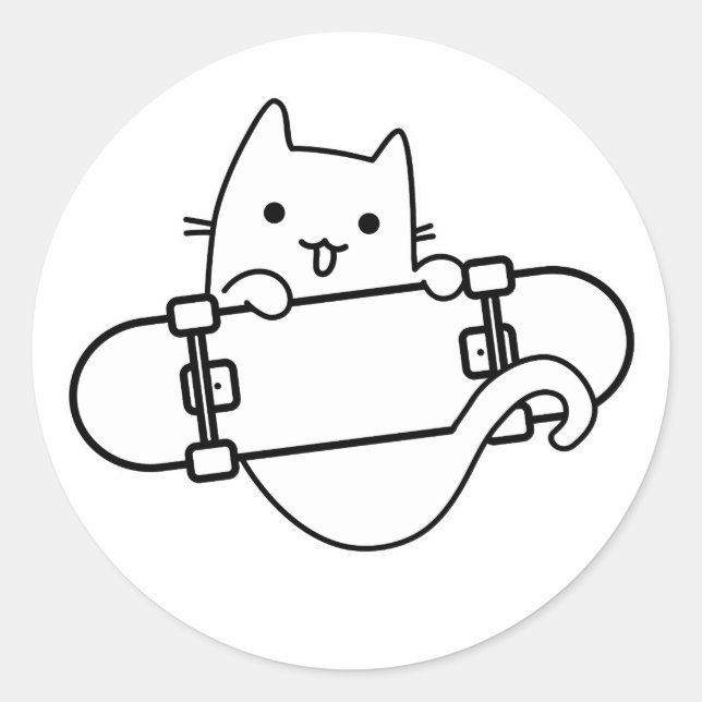 Cat and Skateboard Skateboarding Happy Cat Outline Classic Round Sticker (Front)