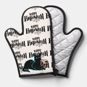 Cat and skull Happy Halloween Oven Mitt