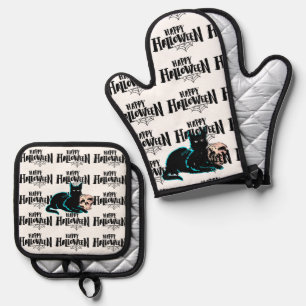 Cat and skull Happy Halloween Oven Mitt & Pot Holder Set