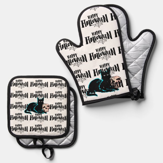 Cat and skull Happy Halloween   Oven Mitt & Pot Holder Set (Front/Back)