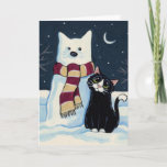 Cat and Snow Cat at Night Christmas Card<br><div class="desc">Cute Christmas card for cat lovers featuring a painting by Lisa Marie Robinson. A black and white cat sits beside a familiarly shaped snow figure in the dead of night. Copyright © Lisa Marie Robinson All rights reserved. It is illegal to use or duplicate this, or any of our images,...</div>